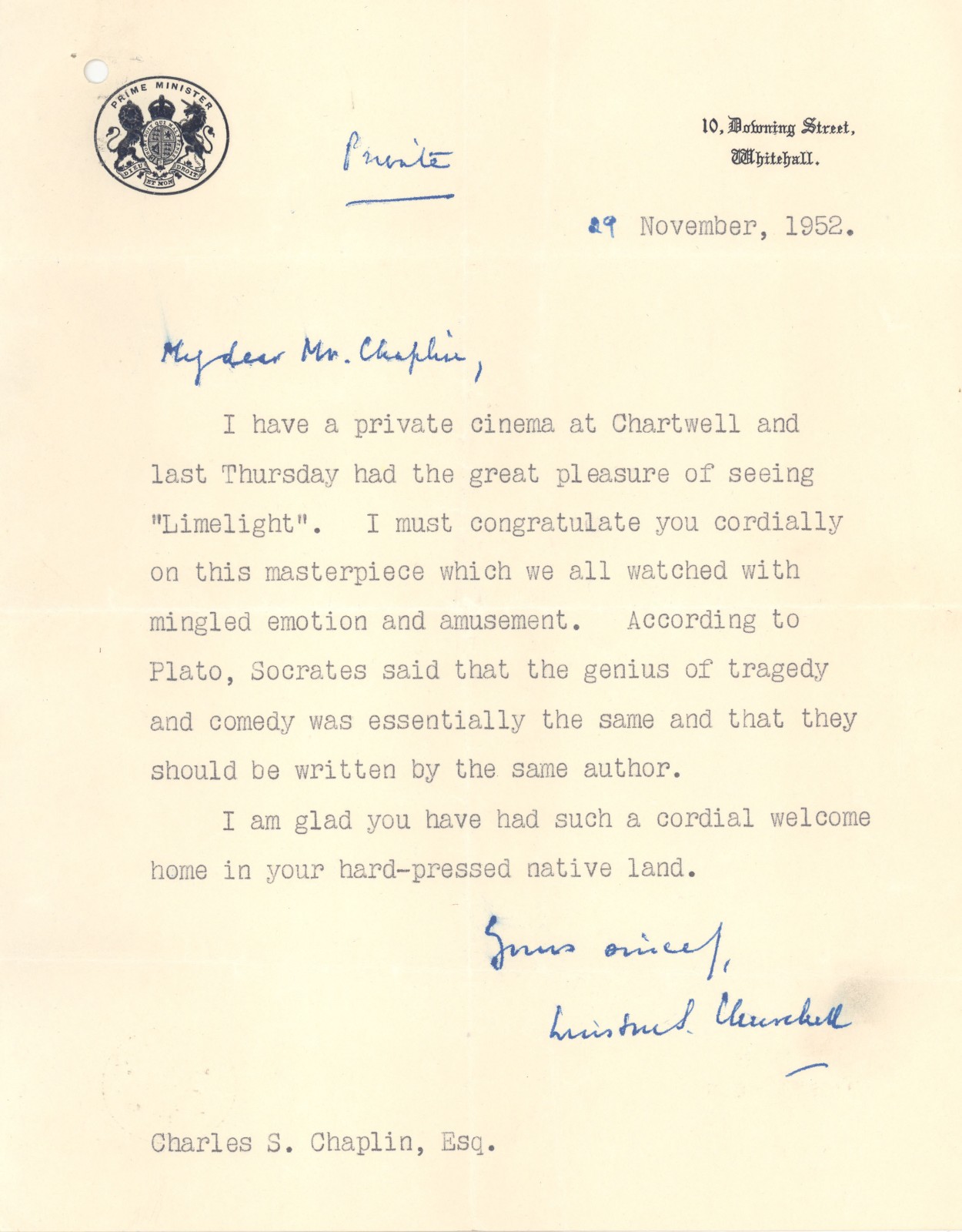 Lettera a Chaplin da Winston Churchill, 1952/11/29 - ECCI00008522